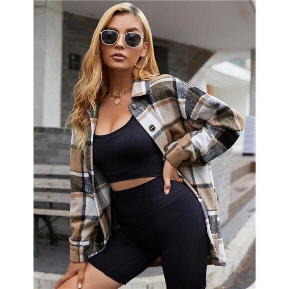 Women's Fall Color Block Plaid Flannel Shacket Jacket Button Down Shirt - Picture 4 of 7